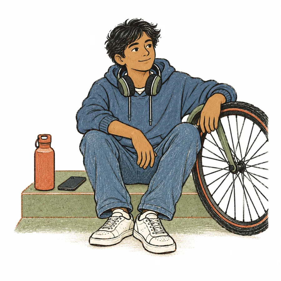 A teenager sits on a step with headphones round the neck, a hand on a bicycle wheel