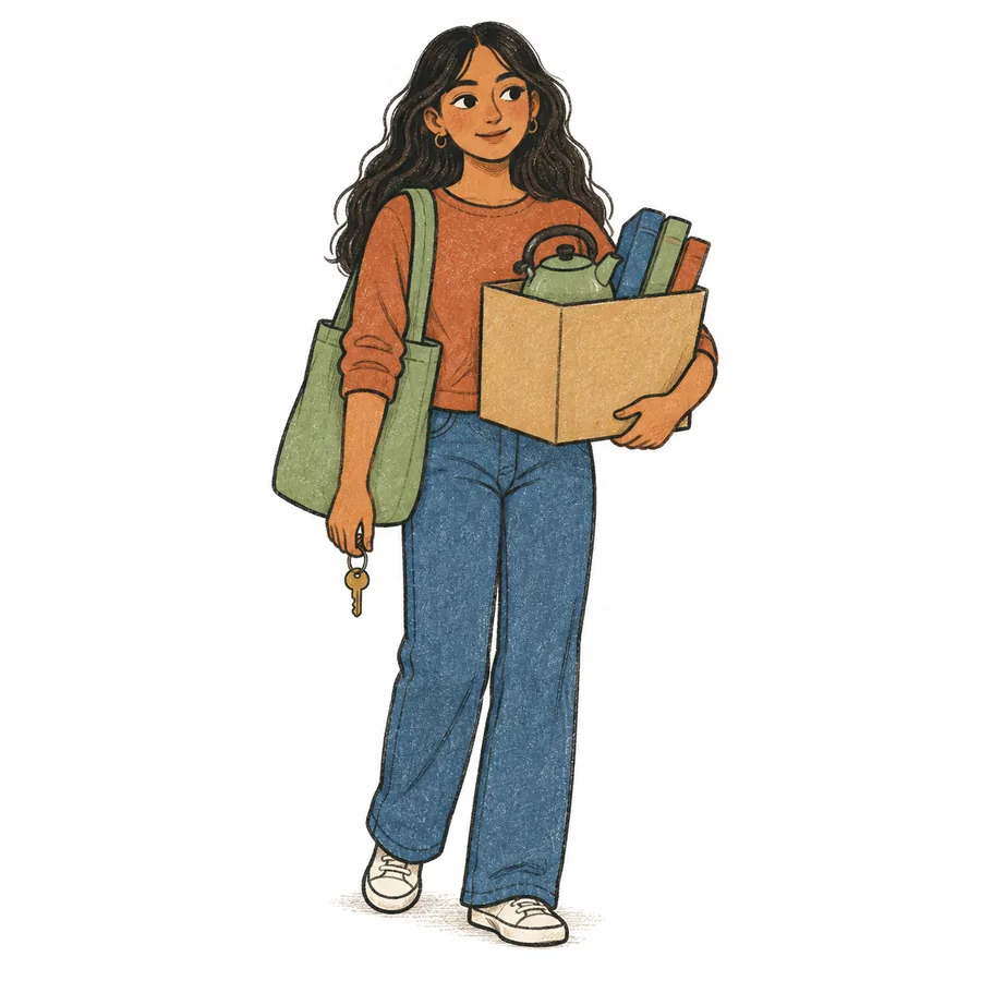 A young woman carries a box with a kettle and books, a tote bag on her shoulder