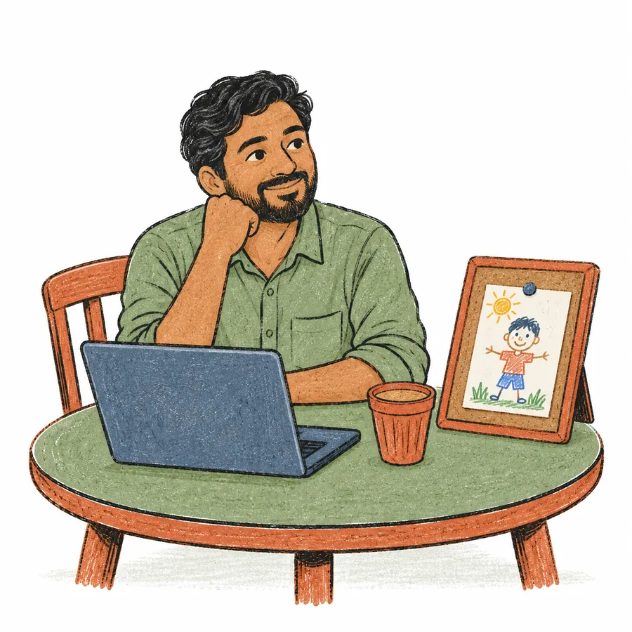A man at a table with a laptop and a cup of chai, a child's drawing pinned beside him