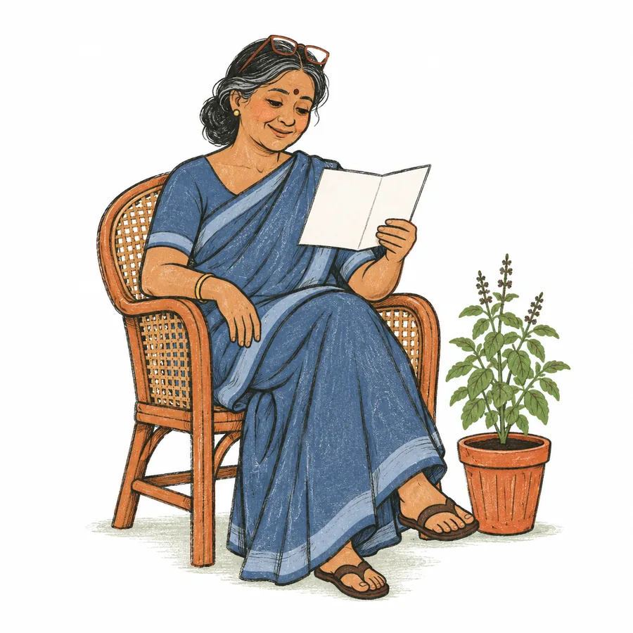 An older woman in a cane chair reads a letter, a potted tulsi plant beside her