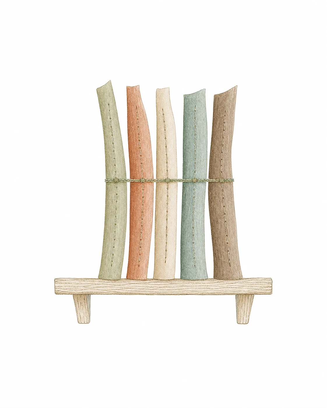 Hand-drawn single sheets of paper standing on a wooden shelf