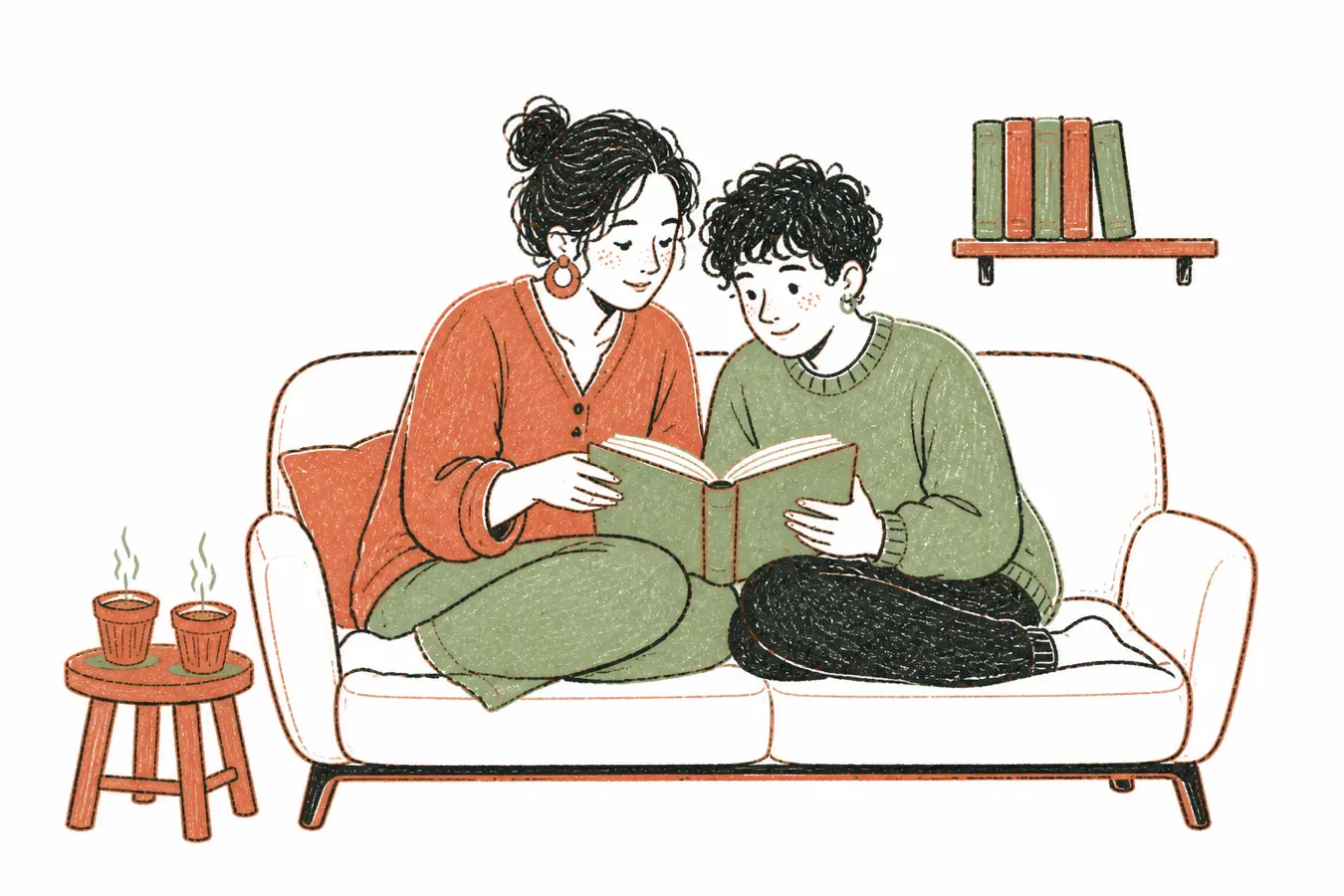 Hand-drawn parent and teenager reading one open book together on a sofa, two cups of chai on a stool beside them