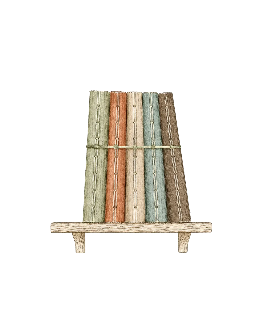 Hand-drawn Family Library booklets arranged on a woven shelf