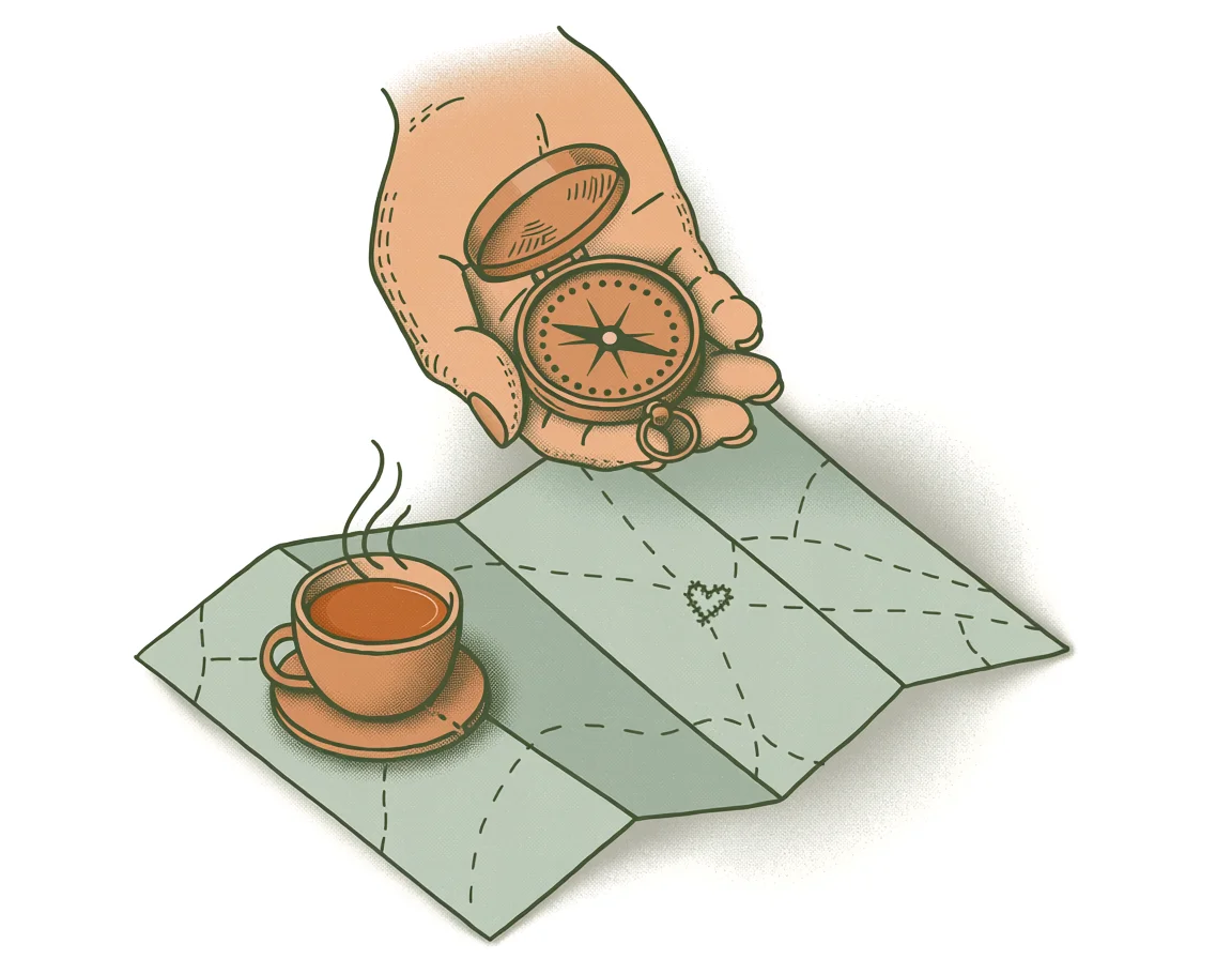 Hand-drawn hand holding an open brass compass over a folded city map