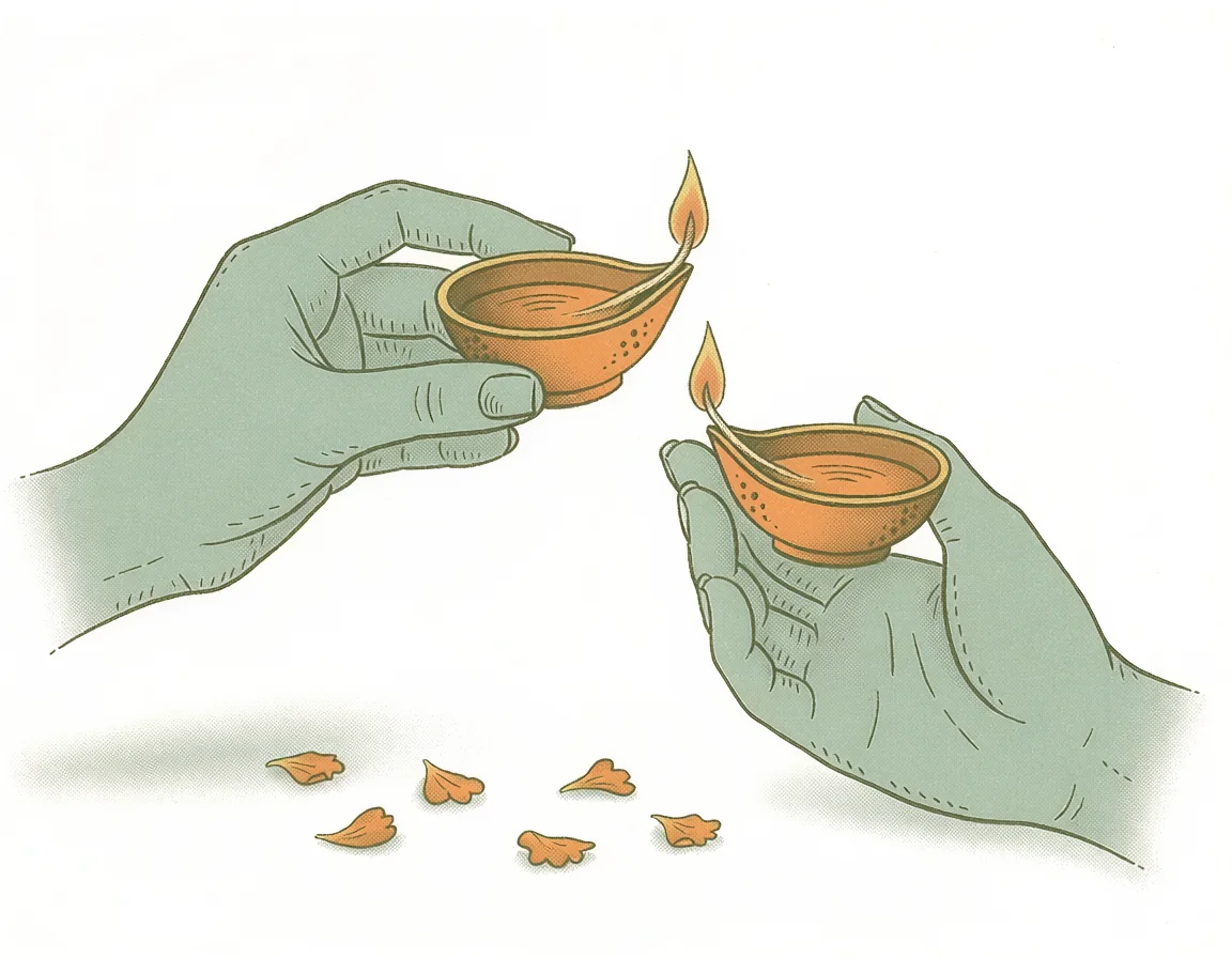 Hand-drawn pair of hands passing a flame from one lit diya to another, marigold petals below