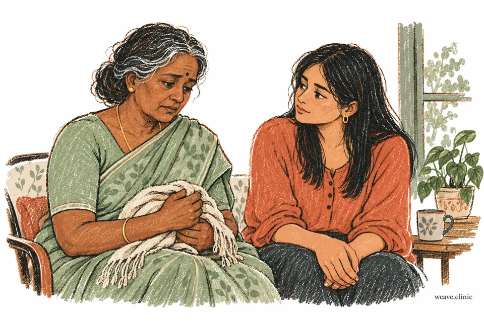 A younger woman sitting quietly with an older woman who is grieving