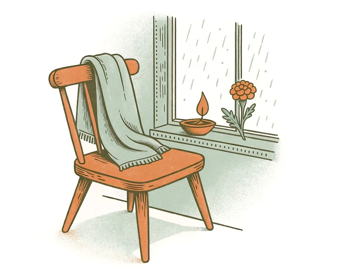 Hand-drawn empty wooden chair with a folded shawl beside a rainy window, a lit diya and a marigold on the sill