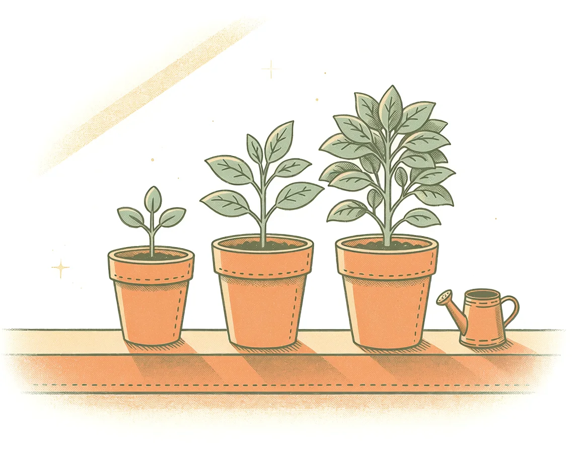 Hand-drawn windowsill with three terracotta pots holding the same plant at three stages of growth, a watering can beside them