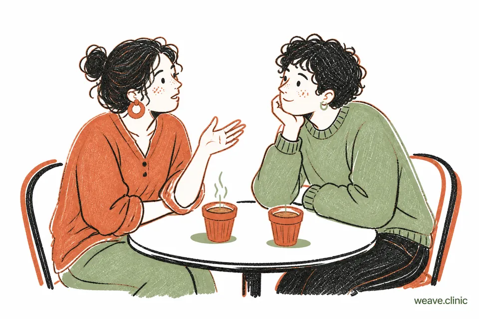 Hand-drawn illustration of two people talking over cups of chai at a small table