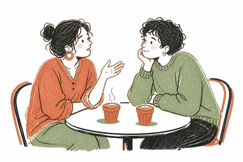 Hand-drawn illustration of two people talking over cups of chai at a small table
