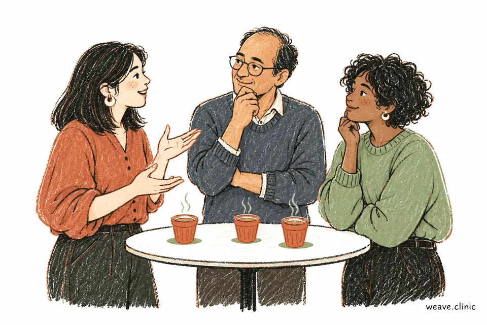Three colleagues listening to each other over chai