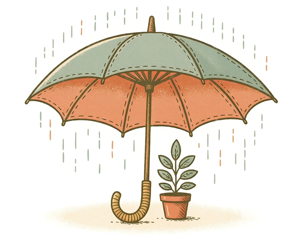 Hand-drawn open umbrella sheltering a small potted plant from falling rain