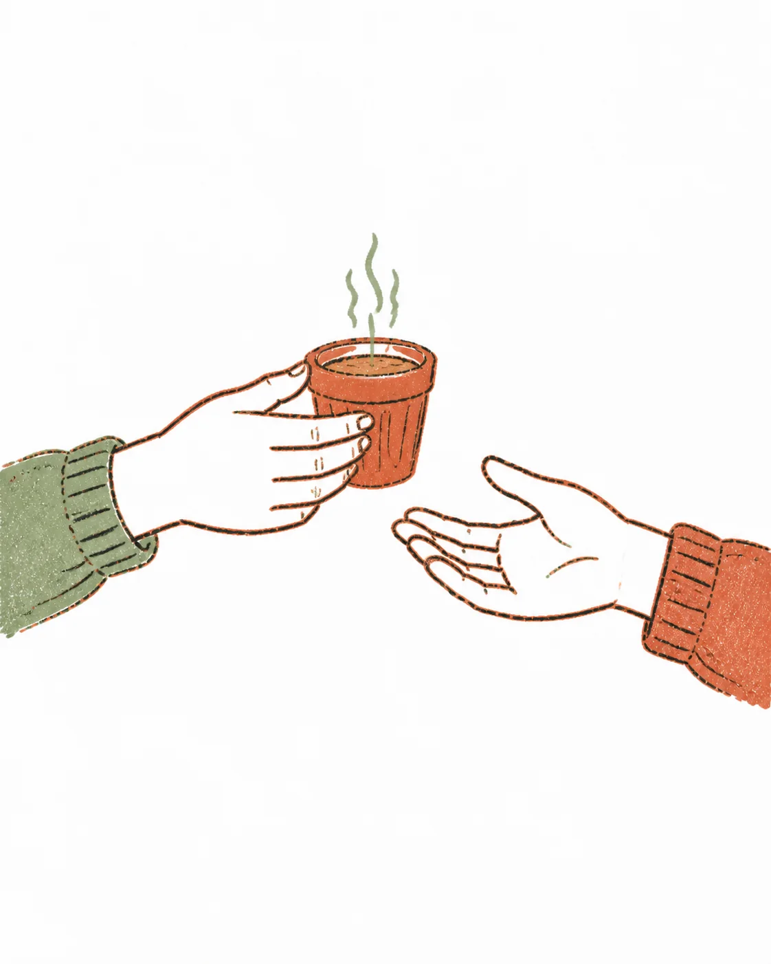 Hand-drawn illustration of one hand offering a steaming cup to another