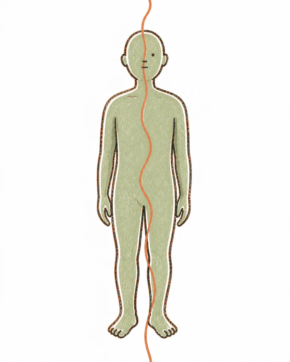Hand-drawn illustration of a standing figure with a single warm thread running through it