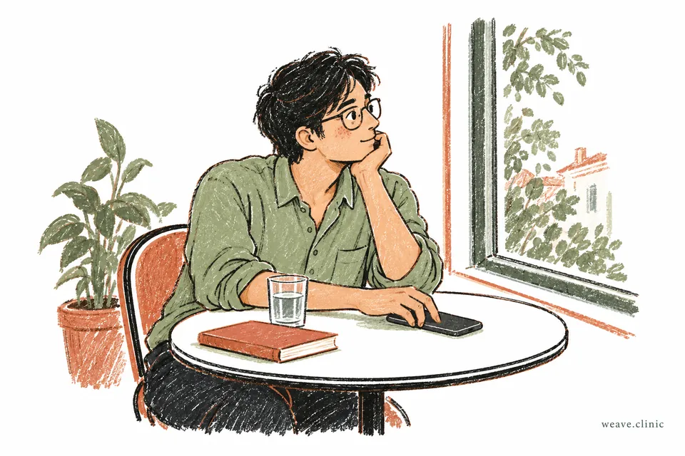 A young adult putting his phone down to take a pause