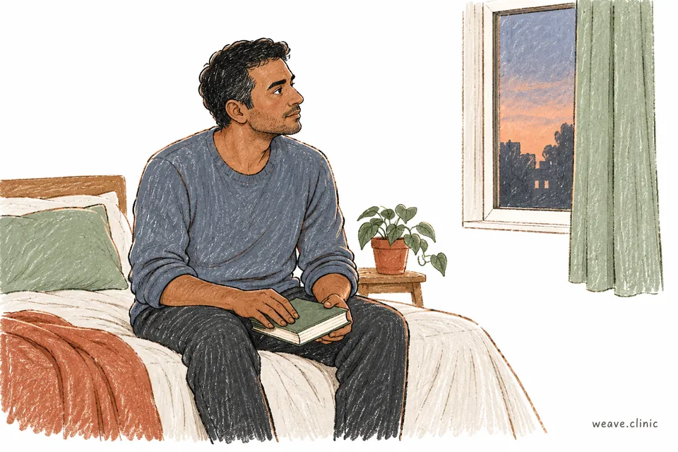 A man winding down with a book as evening arrives