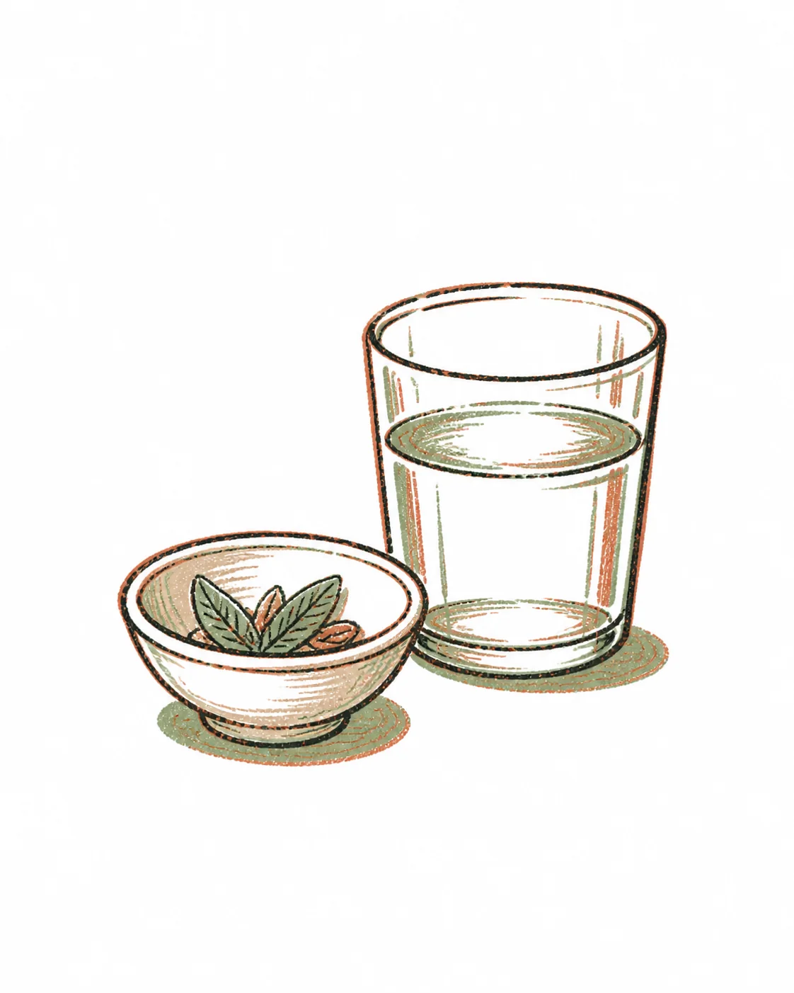 Hand-drawn illustration of a bowl of leaves and seeds beside a glass of water