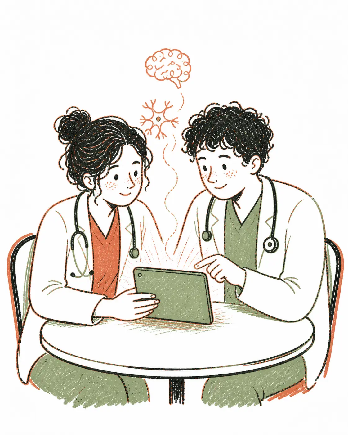 Hand-drawn illustration of two young doctors reading one tablet together, with a brain and a neuron doodle drifting above it