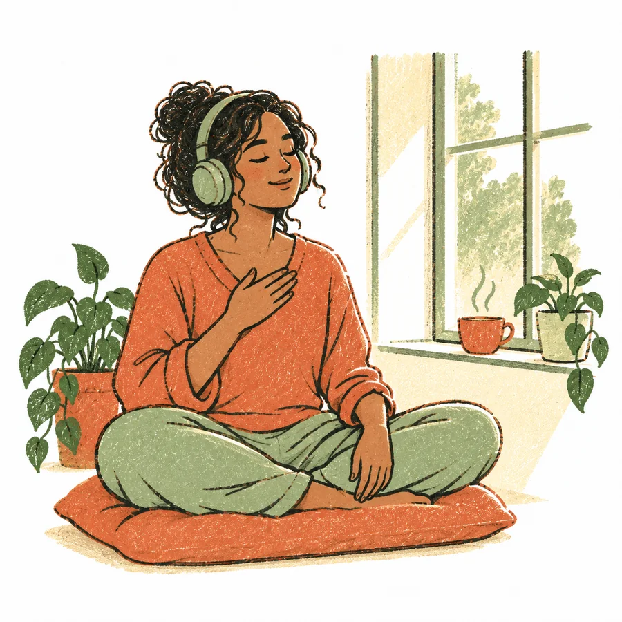 A woman sits by a window with headphones on, eyes closed, a cup of chai beside her