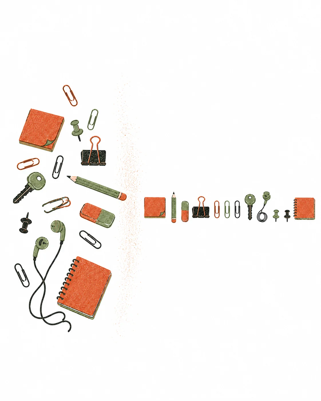 Hand-drawn desk objects, scattered on one side and set in a neat row on the other