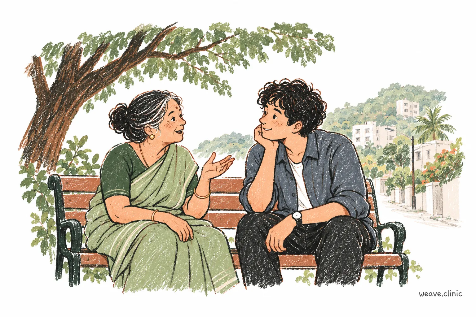 An older woman and a younger adult talking on a neighbourhood bench.
