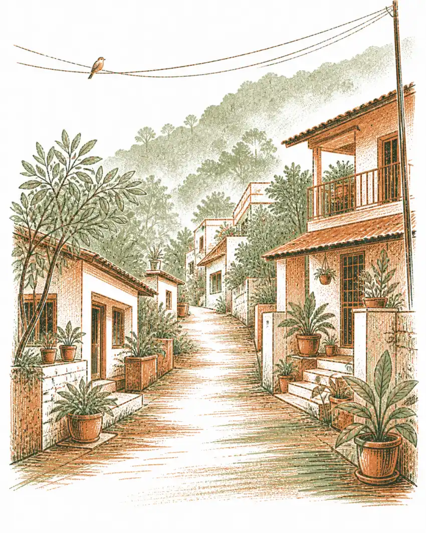 Hand-drawn Bhandup hillside greens rising behind a quiet suburban street