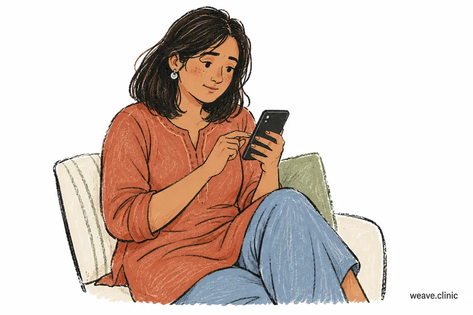 A woman seated in an armchair composing a message on her phone.