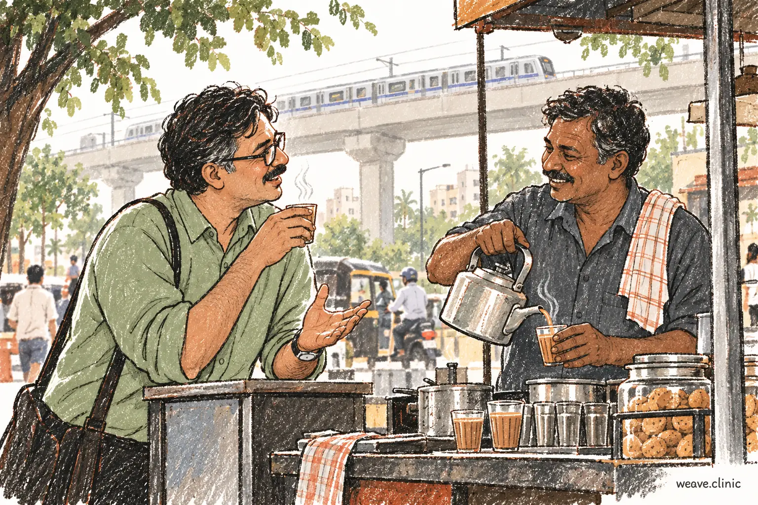 Two adults talking over tea beside an elevated railway.