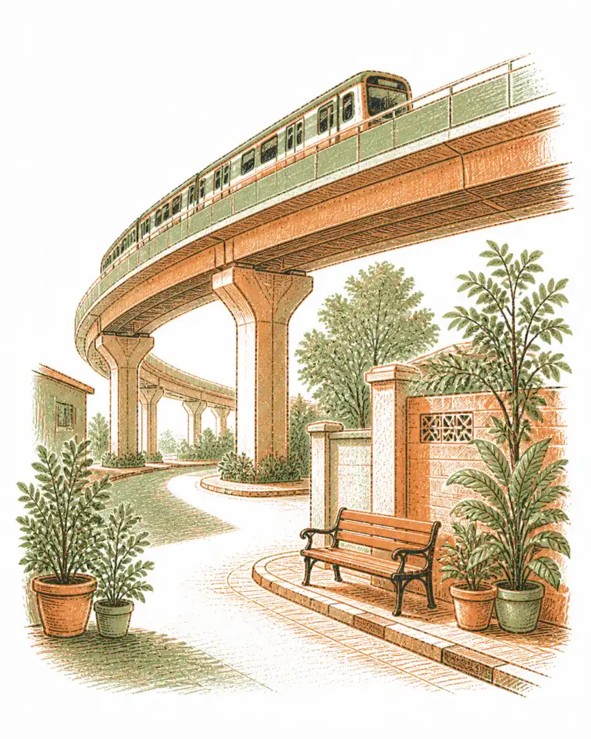 Hand-drawn Ghatkopar metro viaduct curving above a busy lane below