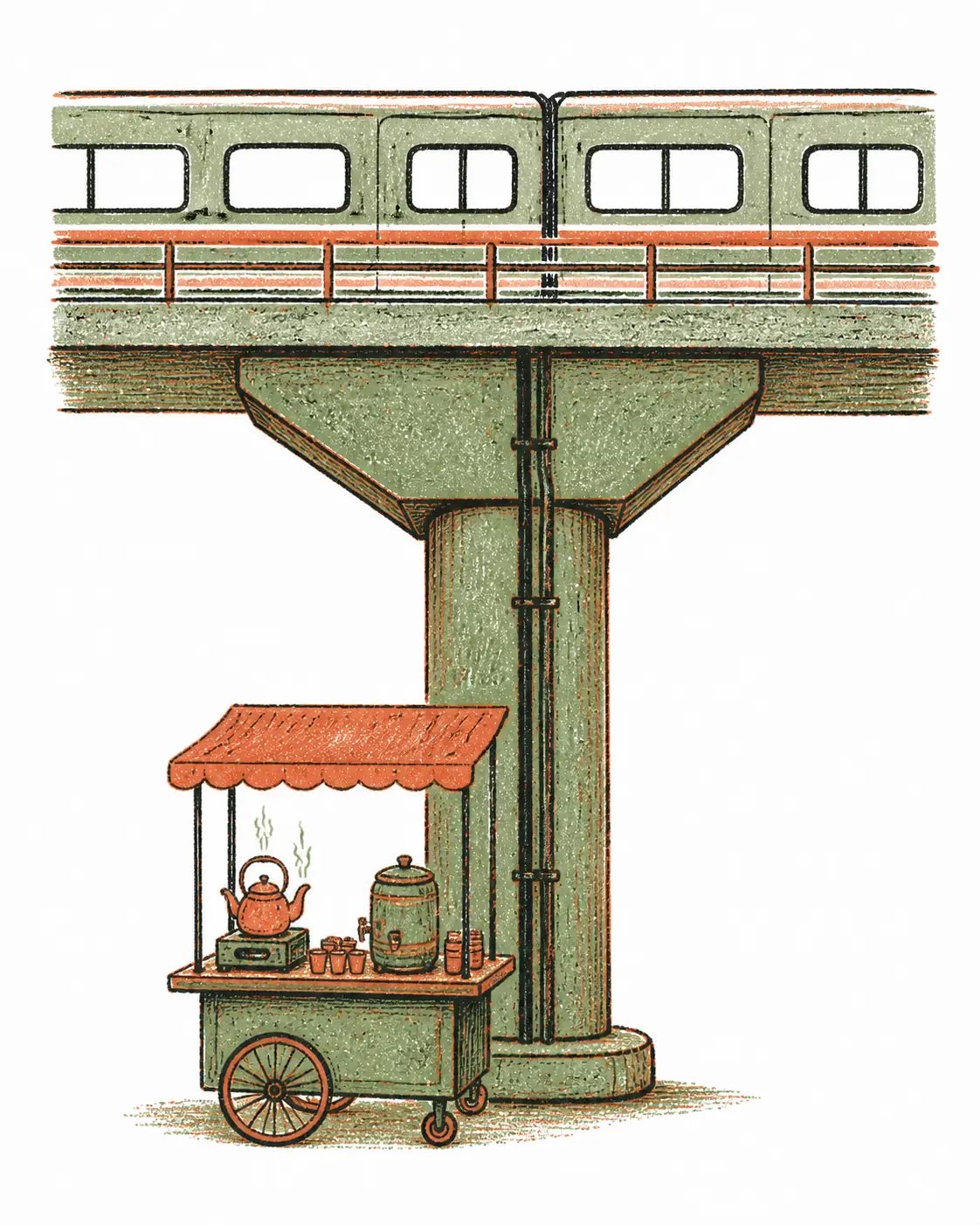Hand-drawn metro pillar with a chai cart beneath and a train passing above