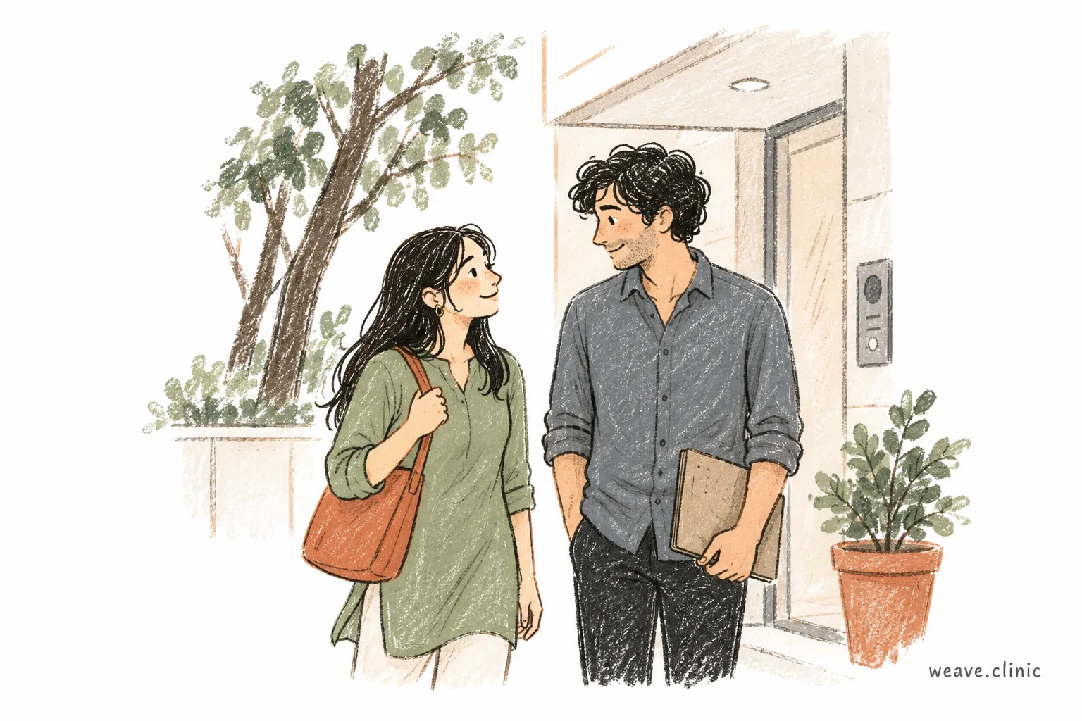 Two adults talking outside an apartment entrance.
