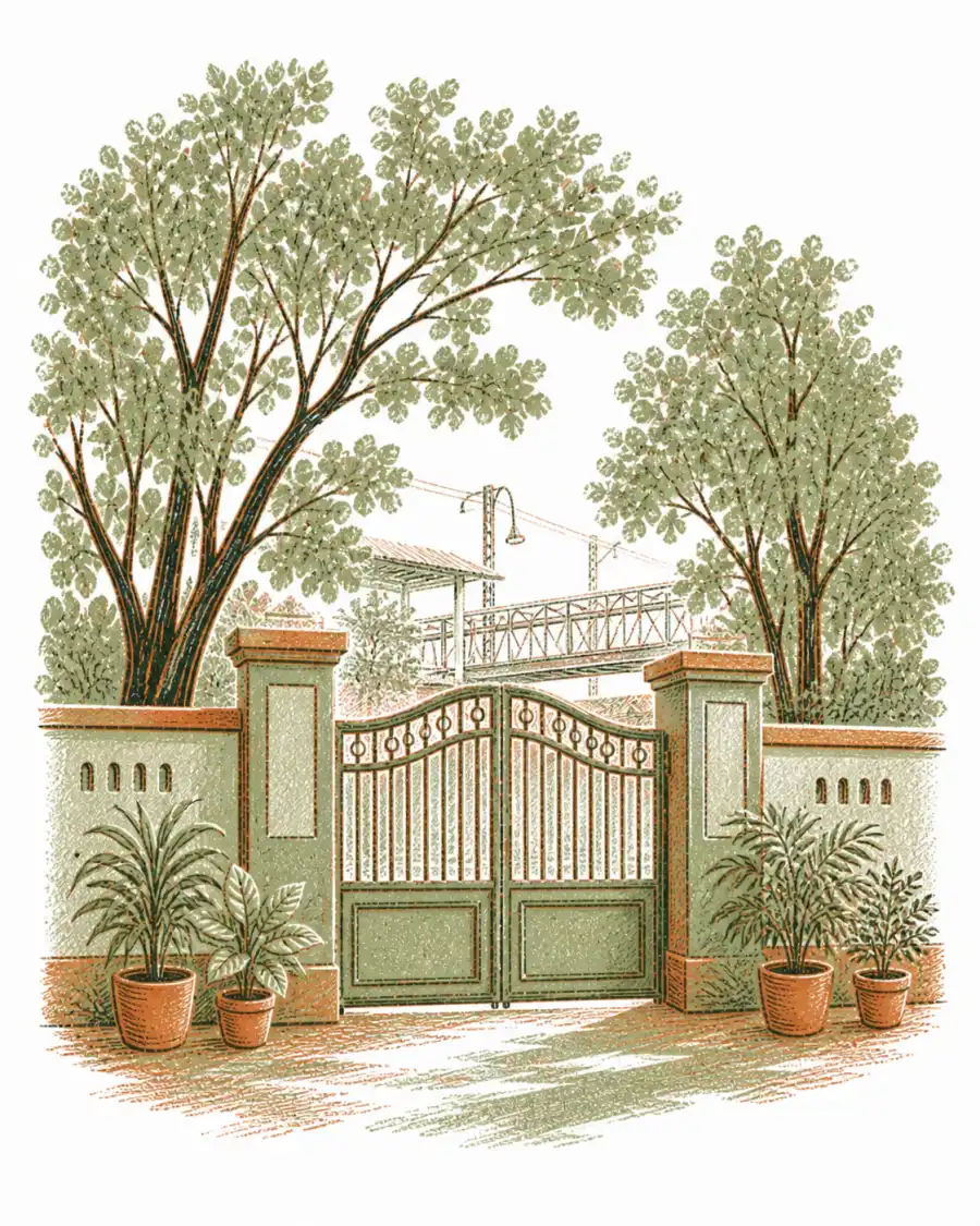 Hand-drawn Kanjurmarg gateway among old trees, with a local train curving past behind it