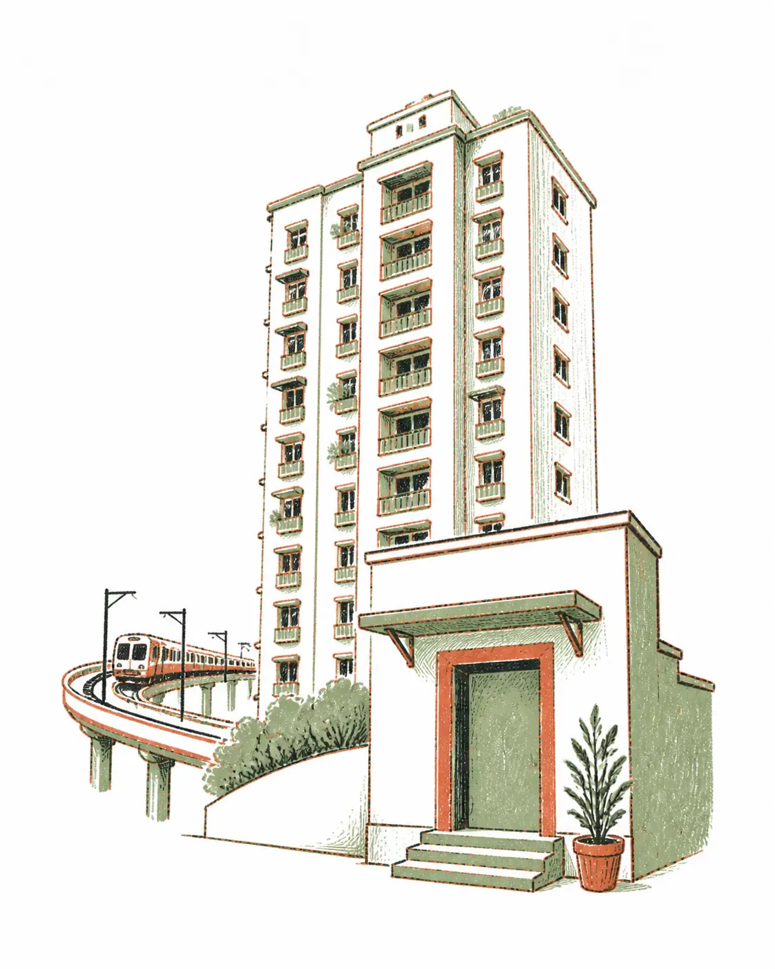 Hand-drawn clinic doorway with a potted plant at the base of a residential tower, a local train curving past