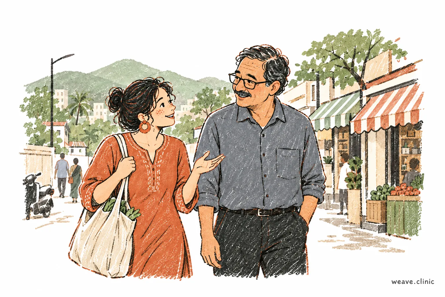 Two adults talking during a neighbourhood market walk.