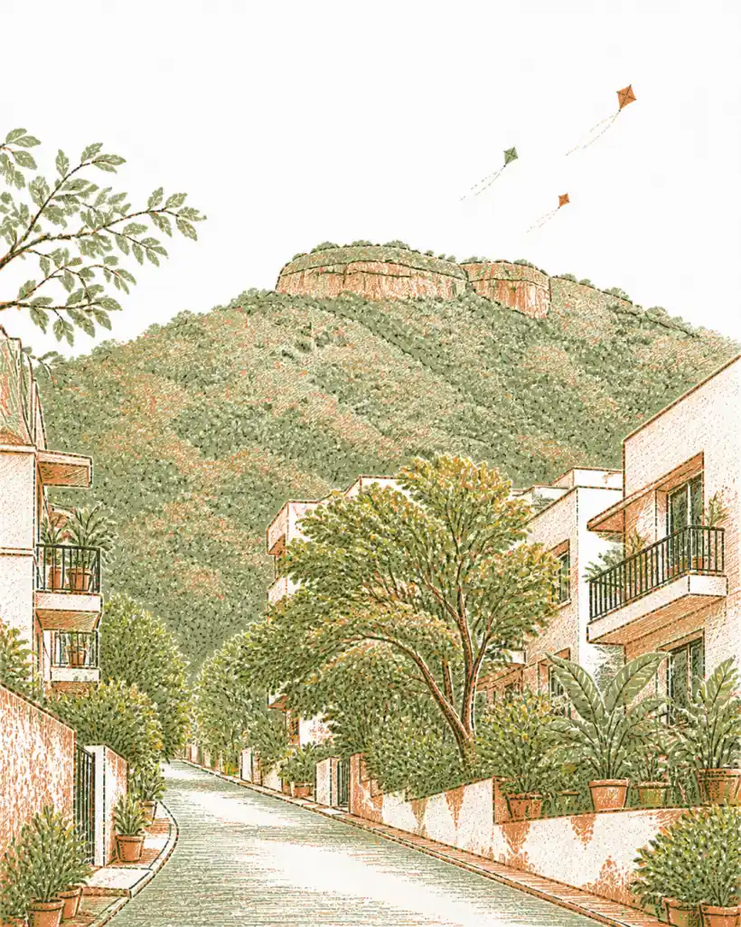 Hand-drawn Mulund street with soft green hills rising behind it