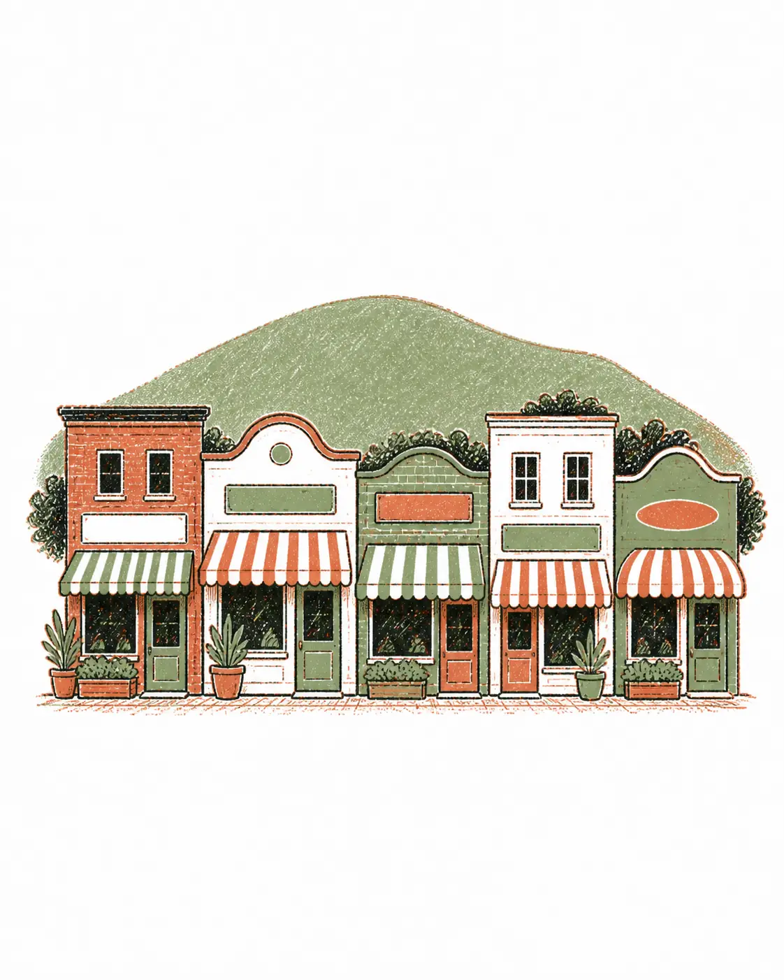 Hand-drawn row of small shops with striped awnings under a hill
