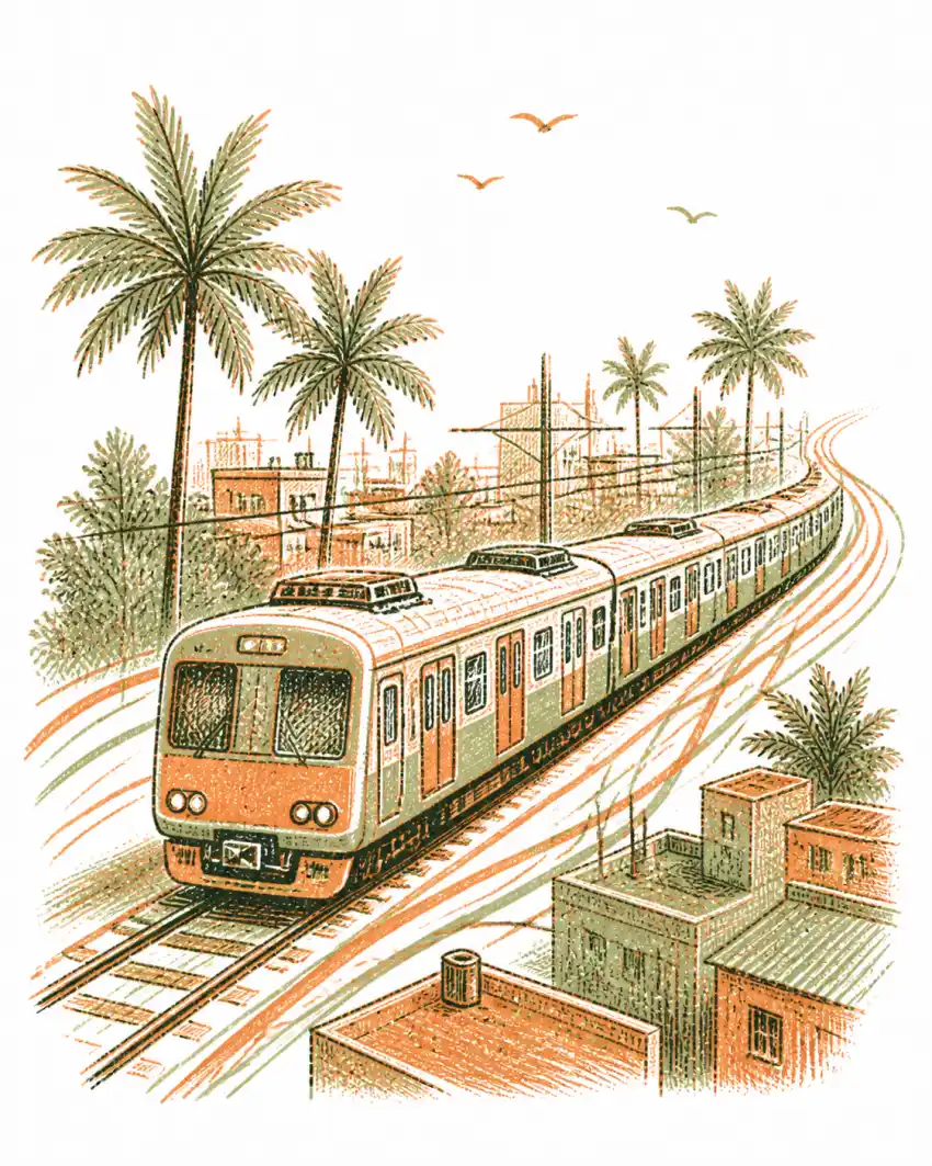 Hand-drawn Mumbai local train crossing the city, with fine threads running between the buildings