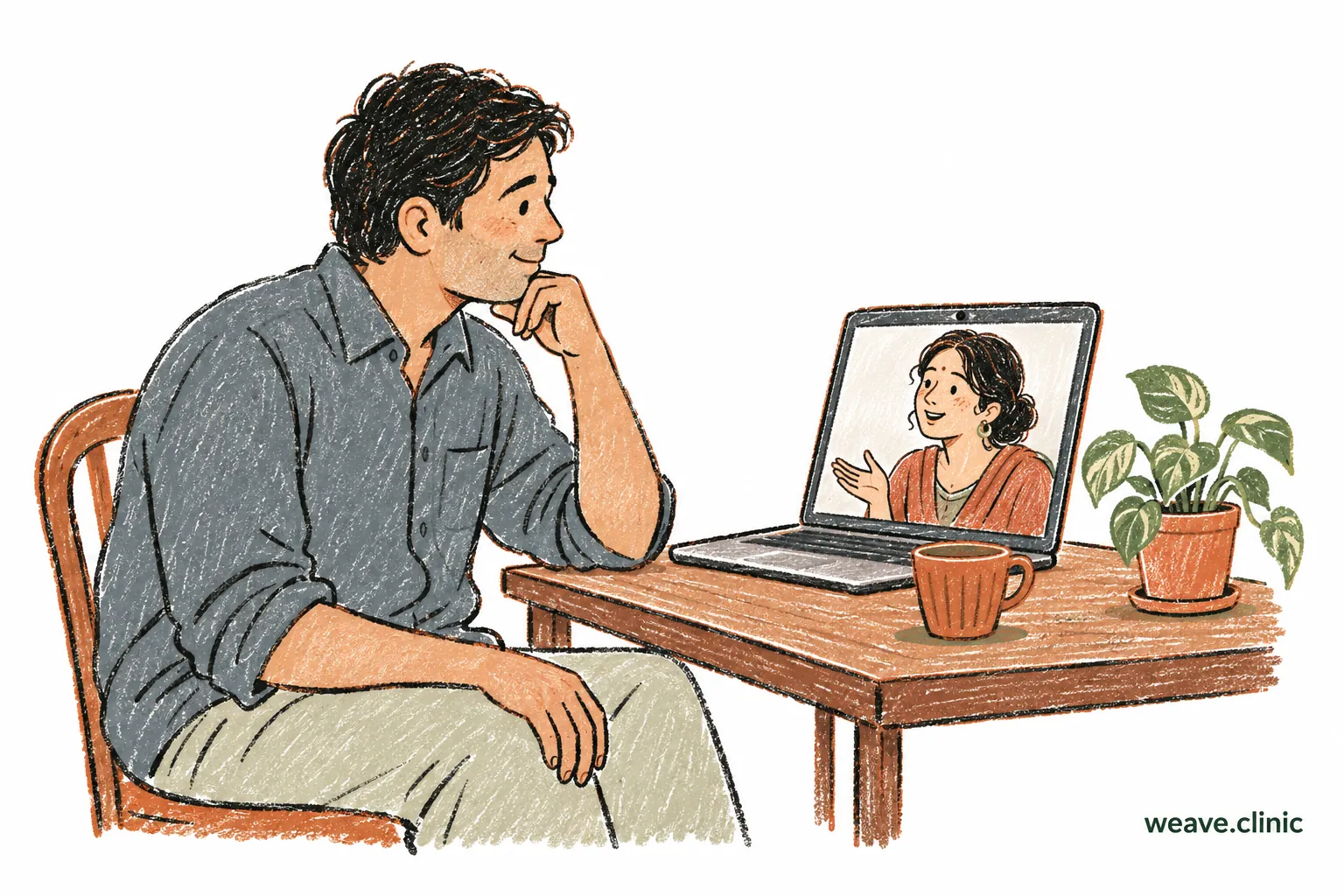 An adult talking with another adult on a laptop video call.