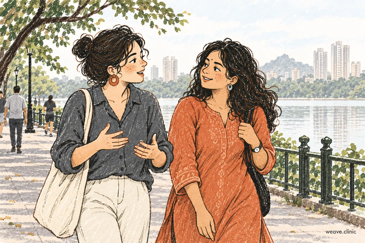 Two women talking on a lakeside walk.