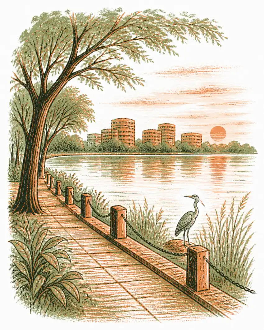 Hand-drawn Powai lakeside promenade with far towers in morning light