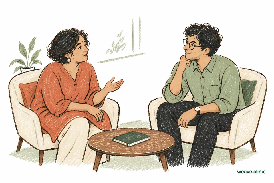 Two people having a thoughtful conversation in angled armchairs