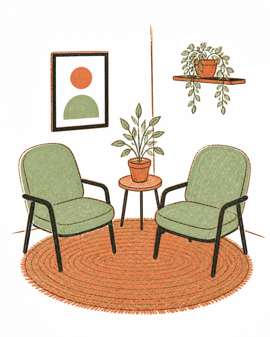 Hand-drawn consultation corner with two chairs, a woven rug, and a plant