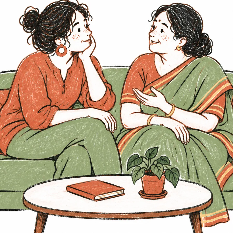 A young adult and an older woman sitting together on a sofa, talking warmly.