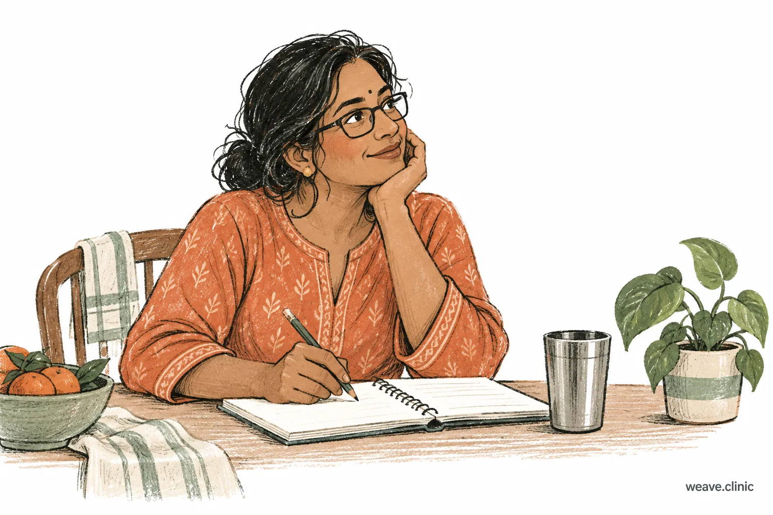 A woman considering her notes at a kitchen table.