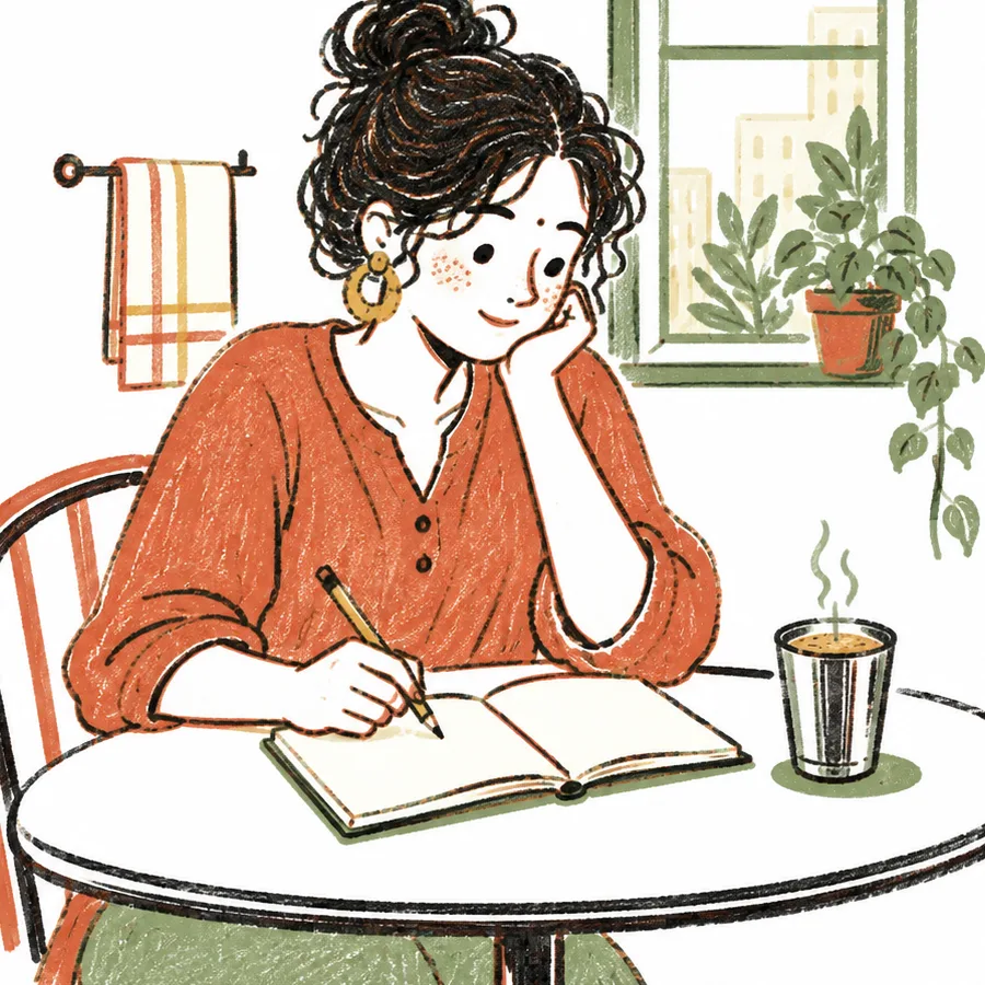 A person at a kitchen table going over a household notebook with a pencil, a steel tumbler of coffee beside them.