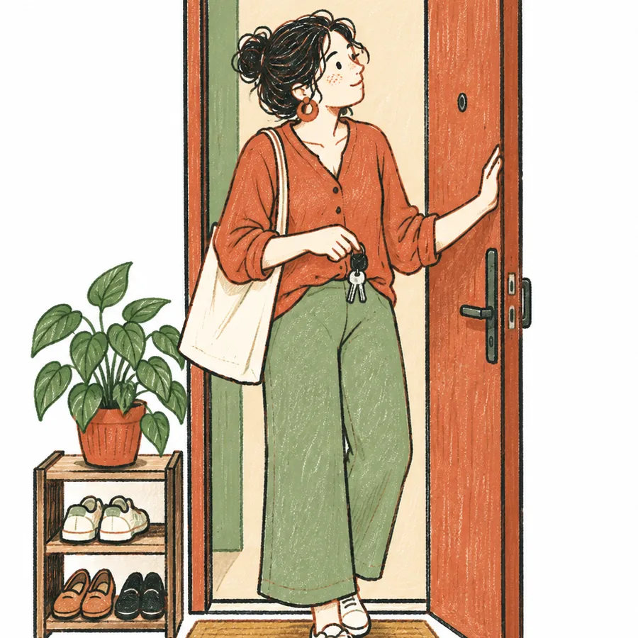 A person standing at an open front door with keys in hand, pausing to take a breath.
