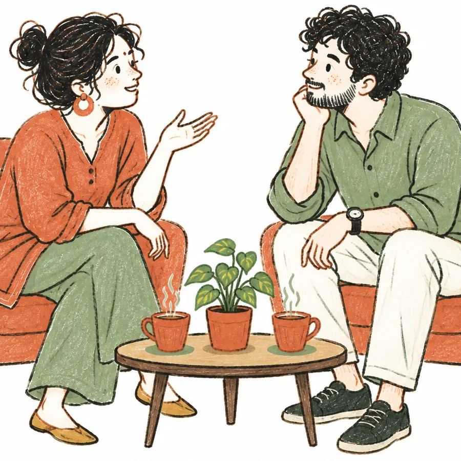 Two people in armchairs angled toward each other, talking, with a small table and a plant between them.