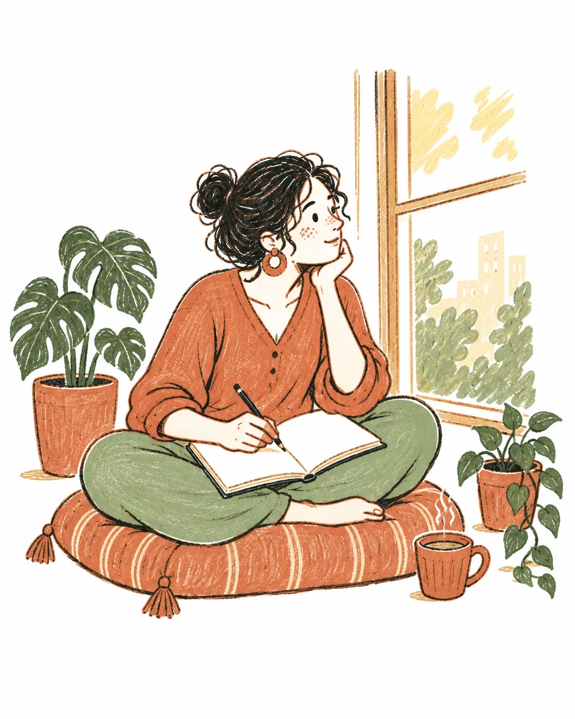 A young woman sitting on a floor cushion by a window with a journal on her lap and a cup beside her.