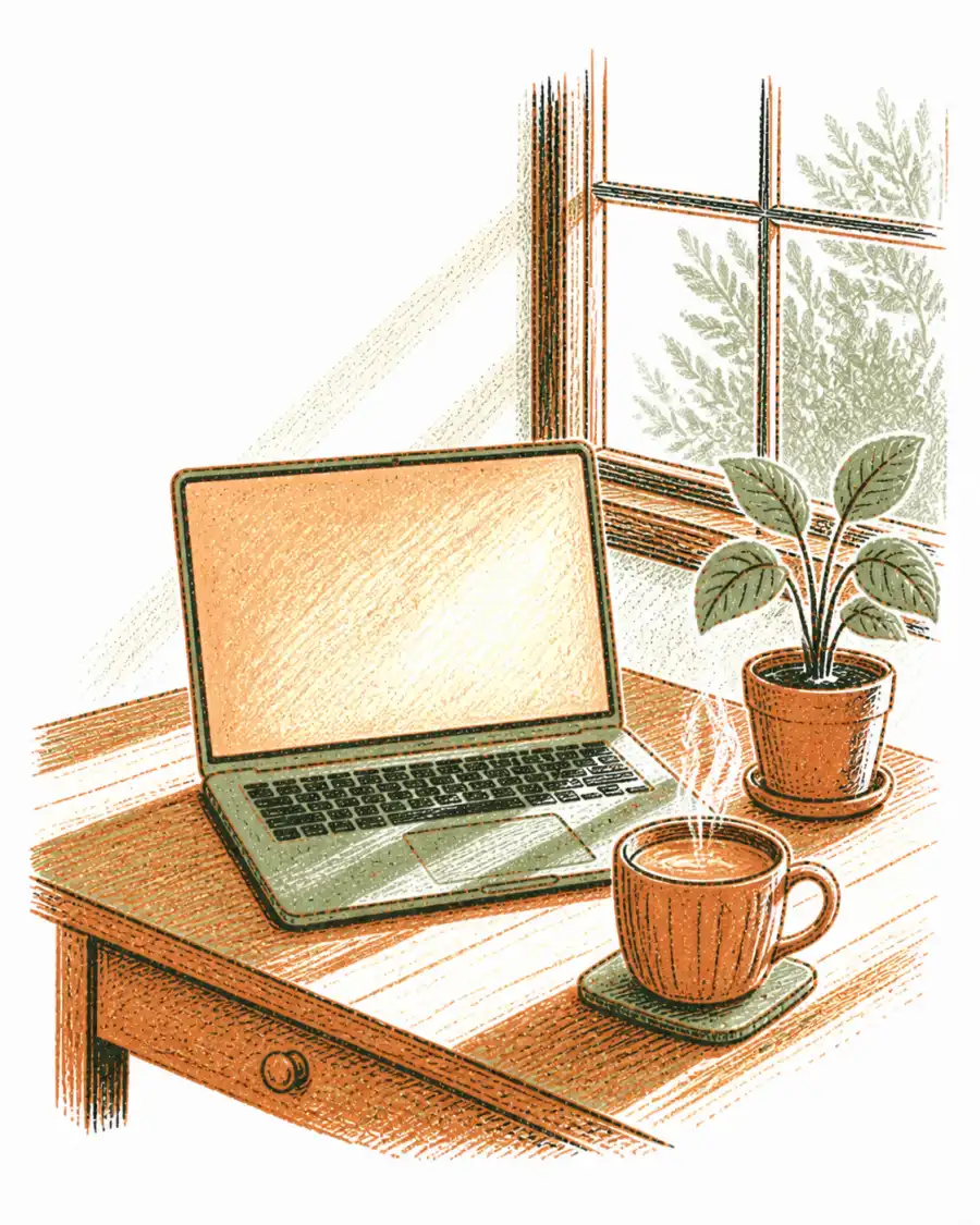 Hand-drawn table set for an online consultation, a laptop open beside a cup and a notebook