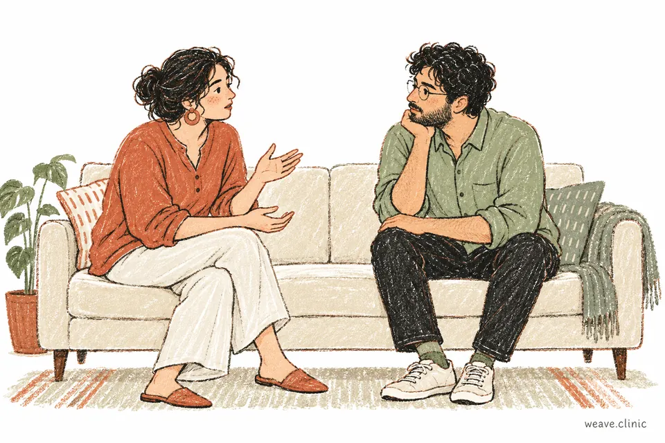 Two adults talking together on a sofa.